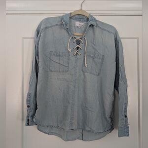 SONOMA Womens Lace-Up Chambray Denim Pop-over Shirt Blouse